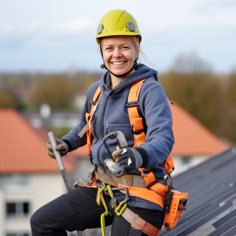 Female roofer with a friendly smile at work Female roofer with a friendly smile at work