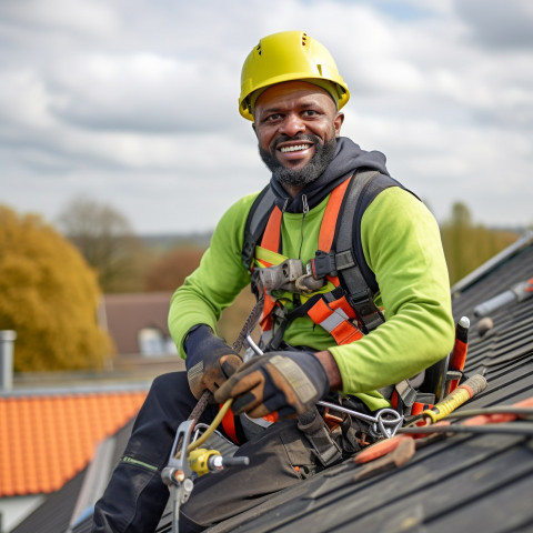 Female roofer with a friendly smile at work Female roofer with a friendly smile at work