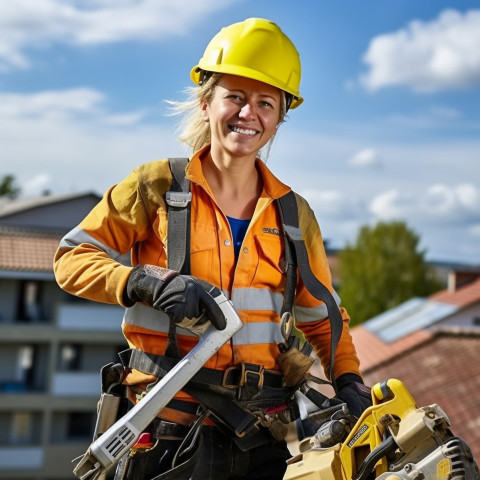 Female roofer with a friendly smile at work Female roofer with a friendly smile at work