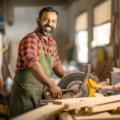 Smiling Indian carpenter working on blurred background Smiling Indian carpenter working on blurred background