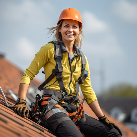 Female roofer with a friendly smile at work Female roofer with a friendly smile at work