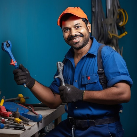 Indian plumber smiling and working on blurred background Indian plumber smiling and working on blurred background