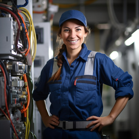 Smiling female HVAC tech at work on blurred background Smiling female HVAC tech at work on blurred background