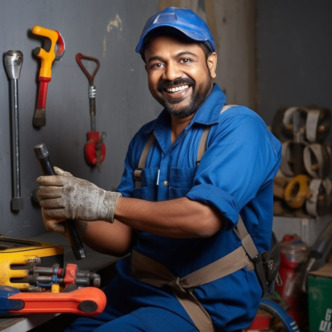 Indian plumber smiling and working on blurred background Indian plumber smiling and working on blurred background