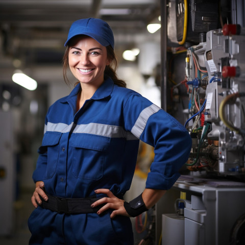 Smiling female HVAC tech at work on blurred background Smiling female HVAC tech at work on blurred background