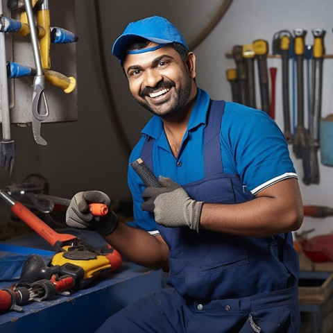 Indian plumber smiling and working on blurred background Indian plumber smiling and working on blurred background