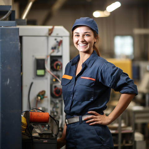 Smiling female HVAC tech at work on blurred background Smiling female HVAC tech at work on blurred background