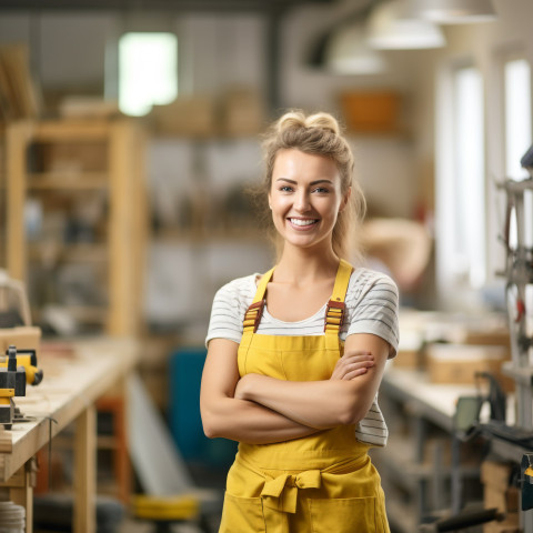 Smiling woman mason working on blurred background Smiling woman mason working on blurred background