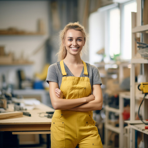 Smiling woman mason working on blurred background Smiling woman mason working on blurred background