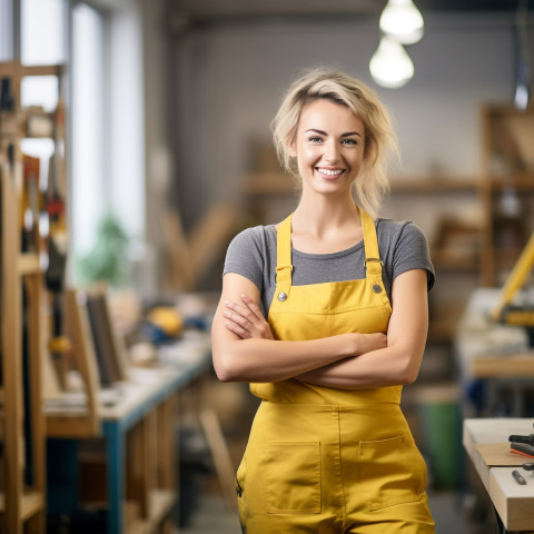 Smiling woman mason working on blurred background Smiling woman mason working on blurred background