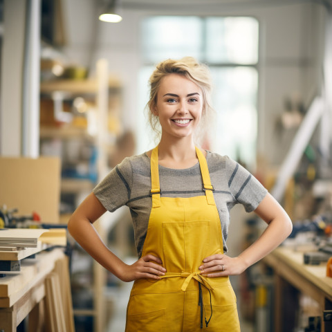 Smiling woman mason working on blurred background Smiling woman mason working on blurred background