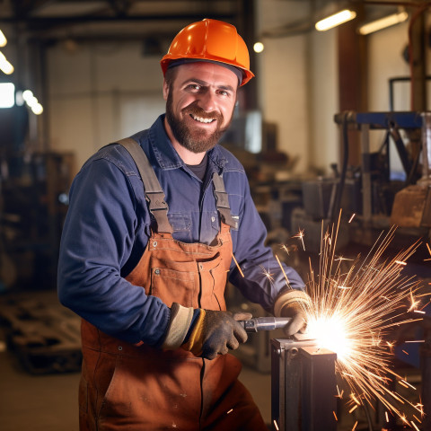 Smiling welder working on blurred background Smiling welder working on blurred background