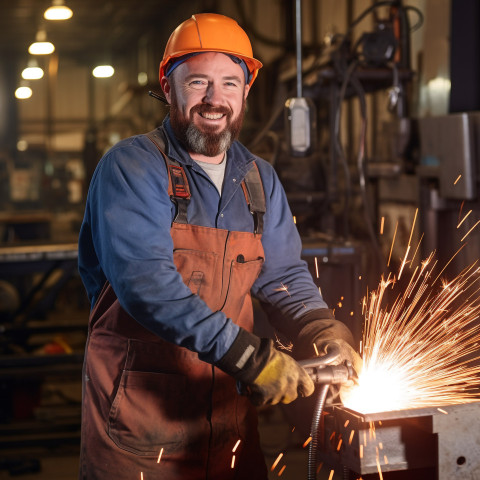 Smiling welder working on blurred background Smiling welder working on blurred background