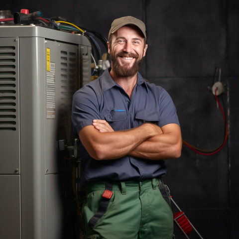 HVAC technician smiling and working on blurred background HVAC technician smiling and working on blurred background