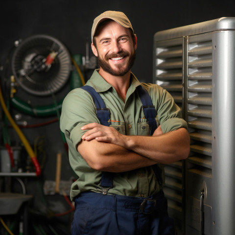 HVAC technician smiling and working on blurred background HVAC technician smiling and working on blurred background