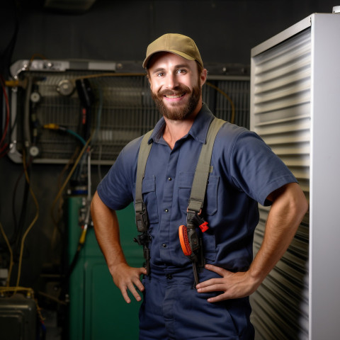 HVAC technician smiling and working on blurred background HVAC technician smiling and working on blurred background