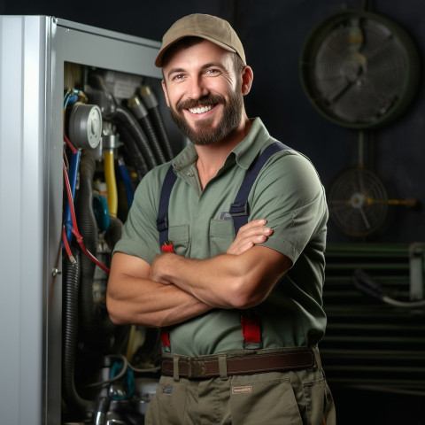 HVAC technician smiling and working on blurred background HVAC technician smiling and working on blurred background