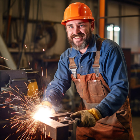 Smiling welder working on blurred background Smiling welder working on blurred background