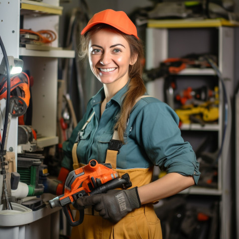 Smiling woman plumber at work Smiling woman plumber at work