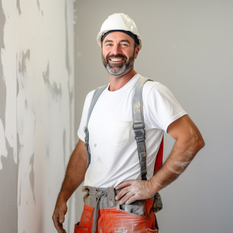 Drywall contractor working on blurred background Drywall contractor working on blurred background