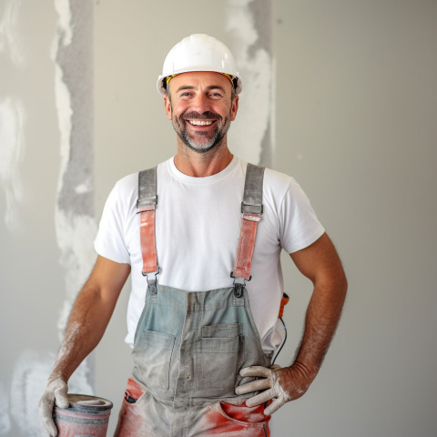 Drywall contractor working on blurred background Drywall contractor working on blurred background