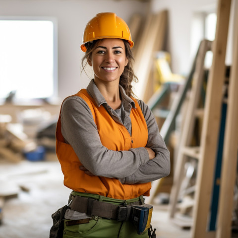 Woman builder working on blurred background Woman builder working on blurred background