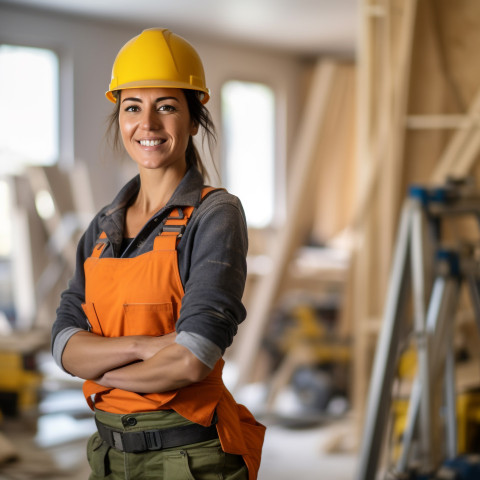 Woman builder working on blurred background Woman builder working on blurred background