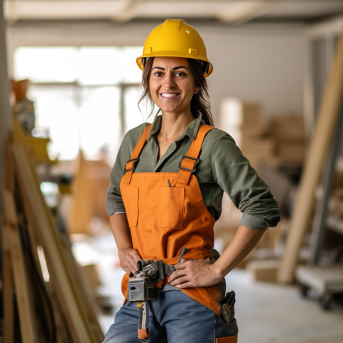 Woman builder working on blurred background Woman builder working on blurred background