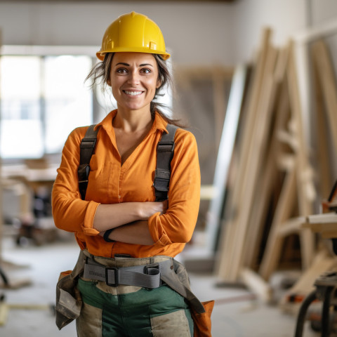 Woman builder working on blurred background Woman builder working on blurred background