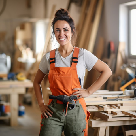 Smiling female carpenter working on blurred background Smiling female carpenter working on blurred background