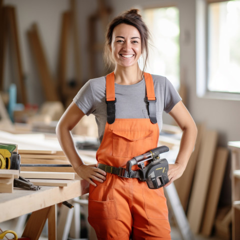Smiling female carpenter working on blurred background Smiling female carpenter working on blurred background