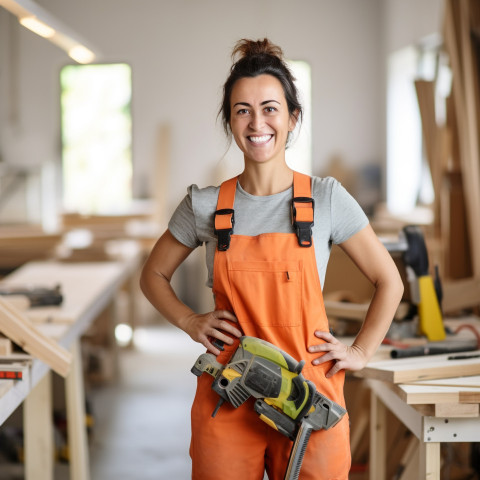 Smiling female carpenter working on blurred background Smiling female carpenter working on blurred background