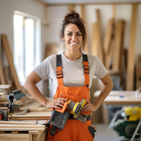 Smiling female carpenter working on blurred background Smiling female carpenter working on blurred background