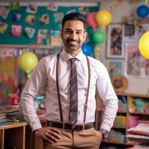 Indian preschool male teacher working on blurred background Indian preschool male teacher working on blurred background