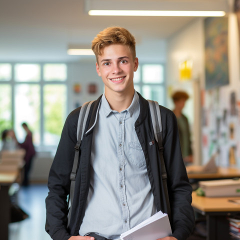 Confident male high school student working in blurred background Confident male high school student working in blurred background