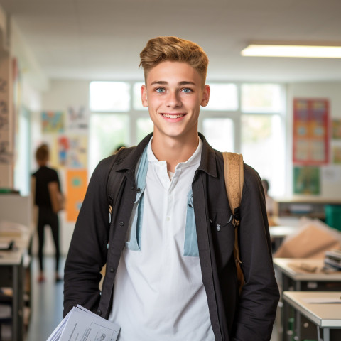 Confident male high school student working in blurred background Confident male high school student working in blurred background