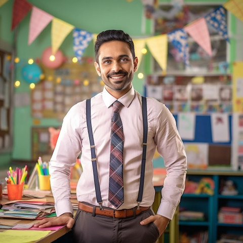 Indian preschool male teacher working on blurred background Indian preschool male teacher working on blurred background
