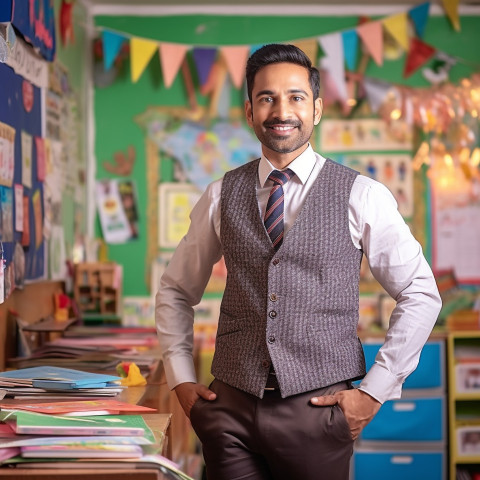 Indian preschool male teacher working on blurred background Indian preschool male teacher working on blurred background