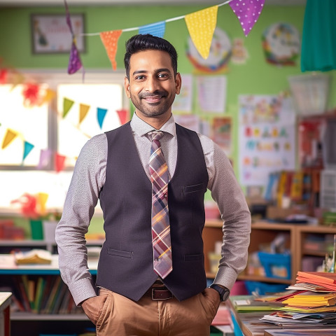 Indian preschool male teacher working on blurred background Indian preschool male teacher working on blurred background