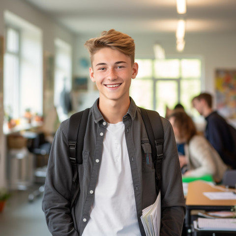 Confident male high school student working in blurred background Confident male high school student working in blurred background