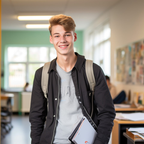 Confident male high school student working in blurred background Confident male high school student working in blurred background