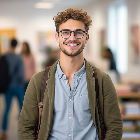 Confident international student working on blurred background