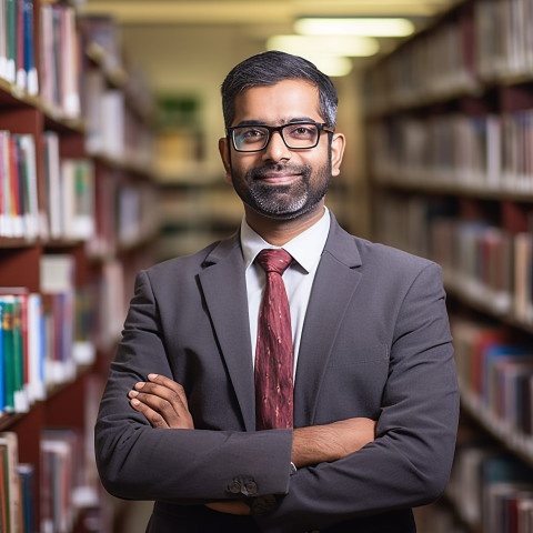 Confident Indian male librarian working in a blurred background Confident Indian male librarian working in a blurred background