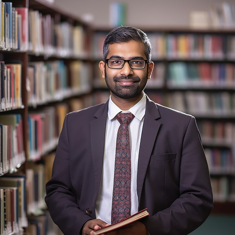 Confident Indian male librarian working in a blurred background Confident Indian male librarian working in a blurred background