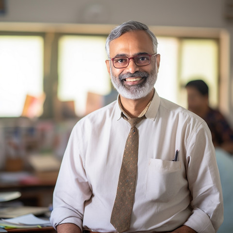 Smiling Indian professor working on blurred background Smiling Indian professor working on blurred background