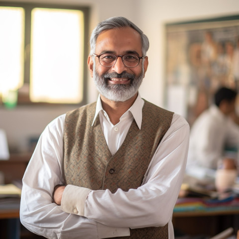 Smiling Indian professor working on blurred background Smiling Indian professor working on blurred background