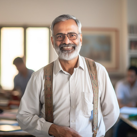 Smiling Indian professor working on blurred background Smiling Indian professor working on blurred background