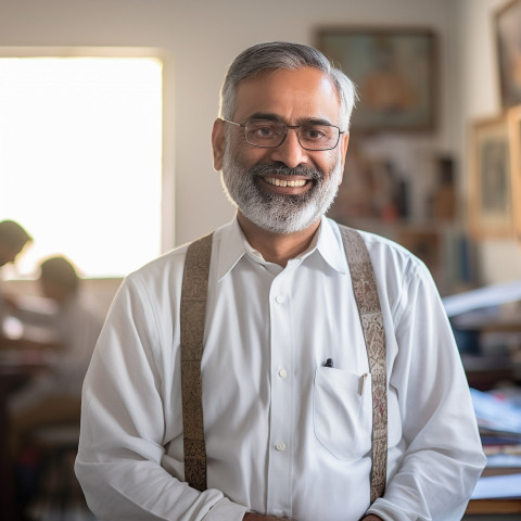 Smiling Indian professor working on blurred background Smiling Indian professor working on blurred background