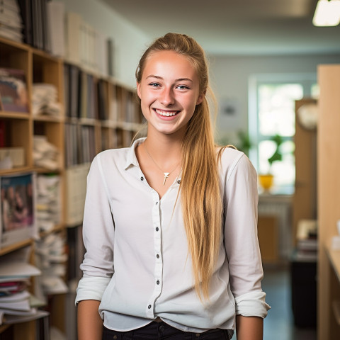 Smiling high school girl working on blurred background Smiling high school girl working on blurred background