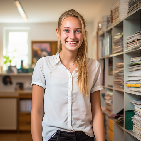 Smiling high school girl working on blurred background Smiling high school girl working on blurred background